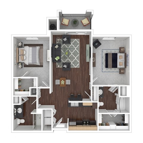 a floor plan of a two bedroom apartment with two bathrooms and a balcony
